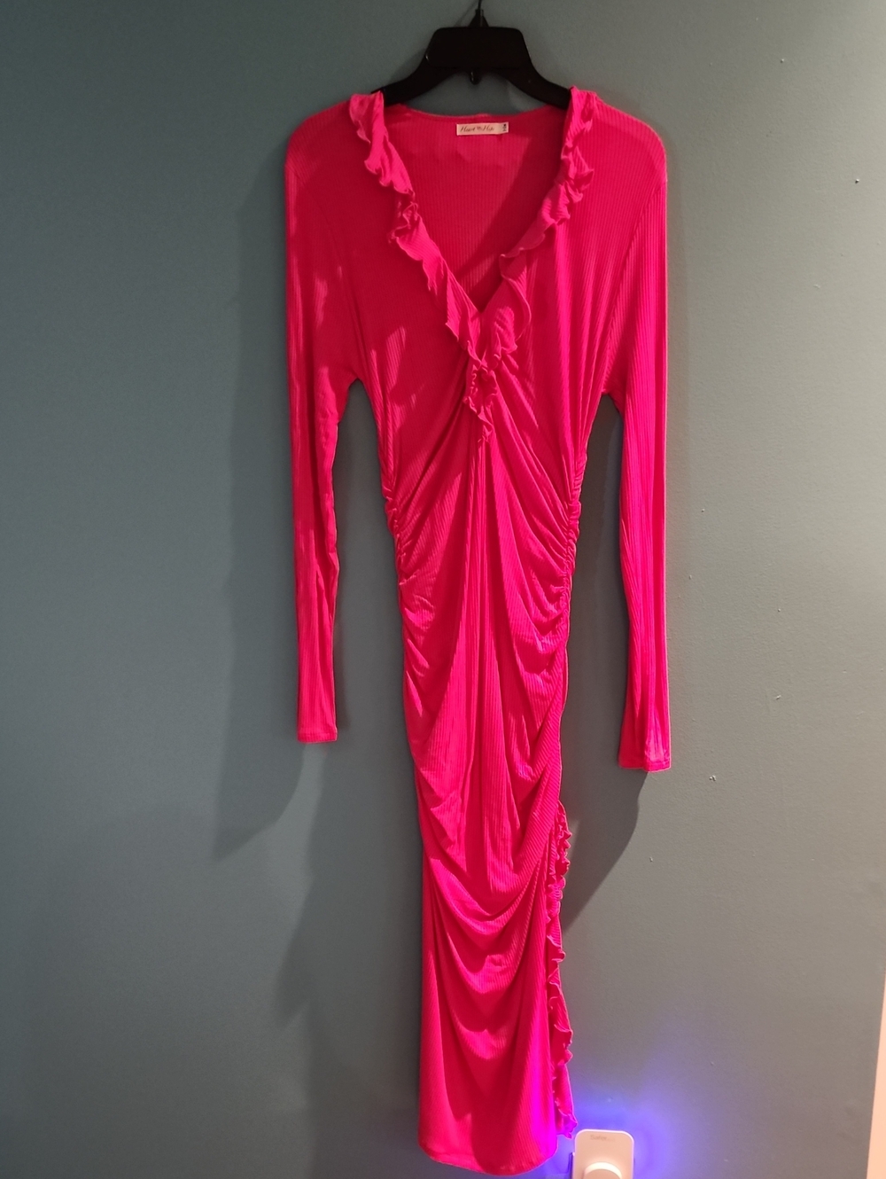 Heart & Hips Neon Fuchsia Ruched Long Sleeve Dress